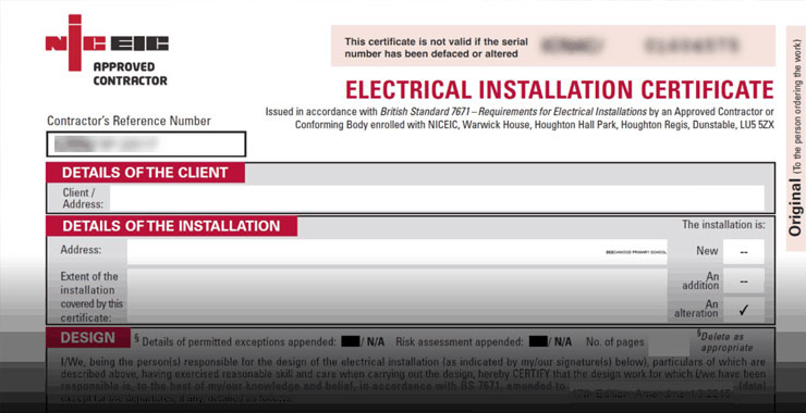 electrical installation test certificate Peterborough